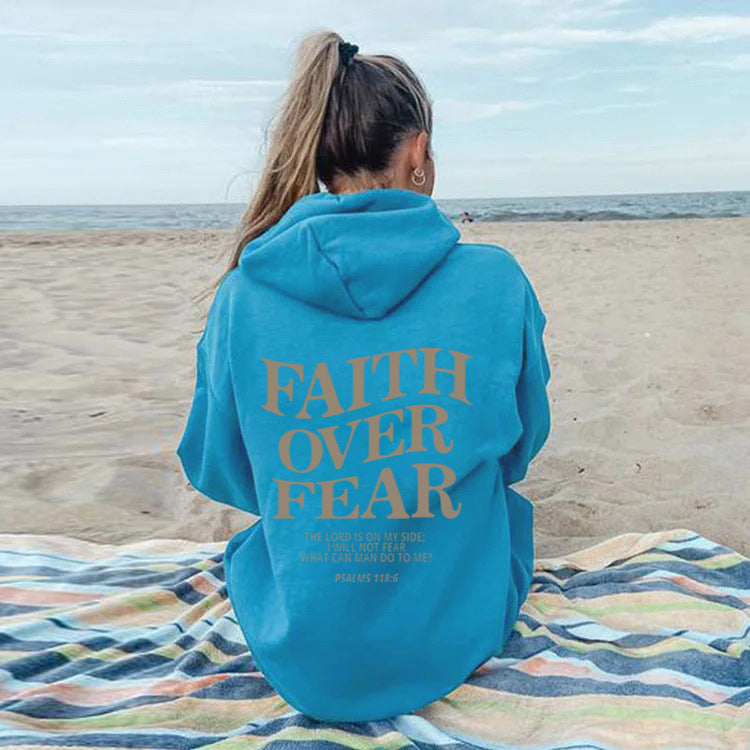 2023 新跨境亚马逊独立站Faith Over Fear新款连帽卫衣女印花卫衣