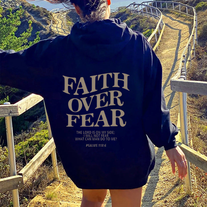2023 新跨境亚马逊独立站Faith Over Fear新款连帽卫衣女印花卫衣
